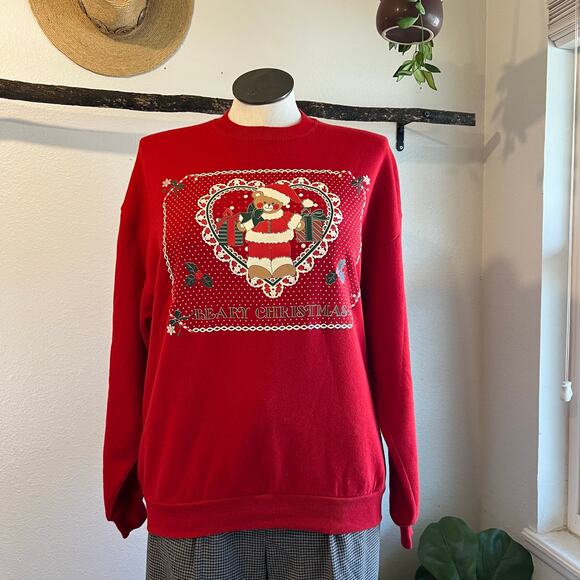 Vintage 90s Red Holiday Berry Christmas Bear Crewneck Sweatshirt Size XL USA - Picture 3 of 11